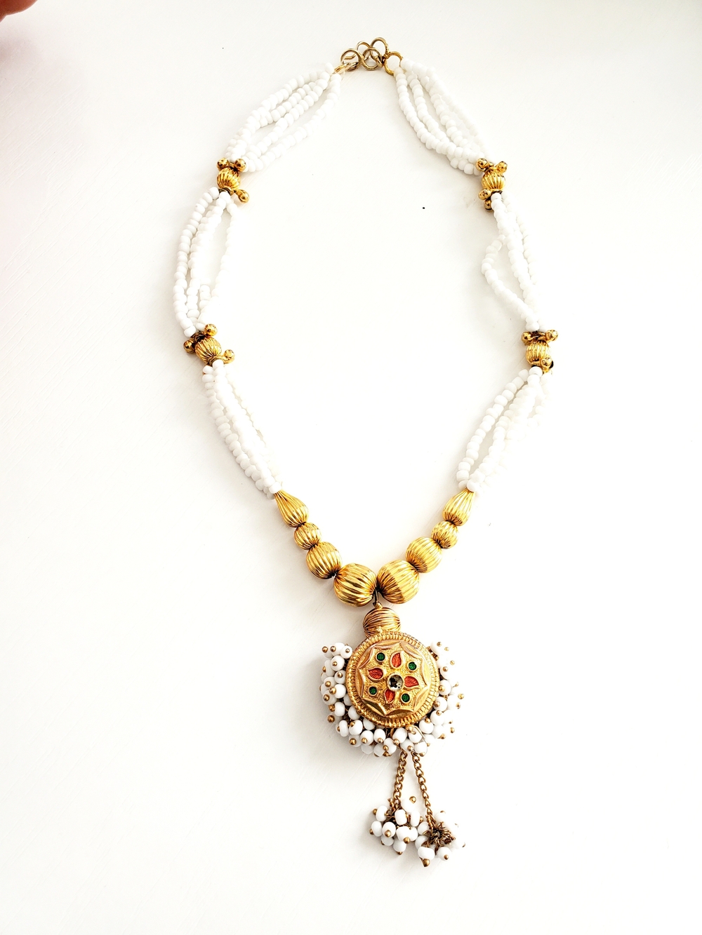 Vintage Traditional Multi-Strand White Seed Bead Gold Pendant Necklace Statement